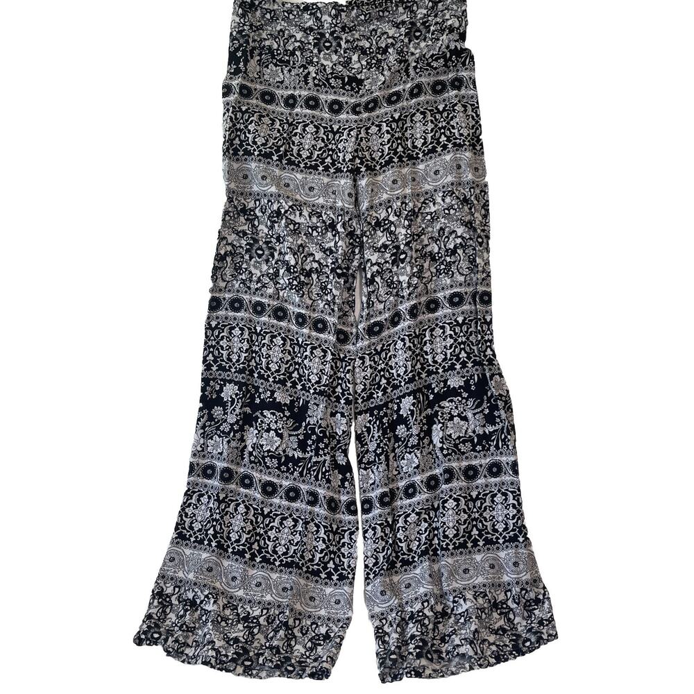 American Rag Cie Sz M Pant Cotton Flowy Wide Leg Black White Print Elastic Waist